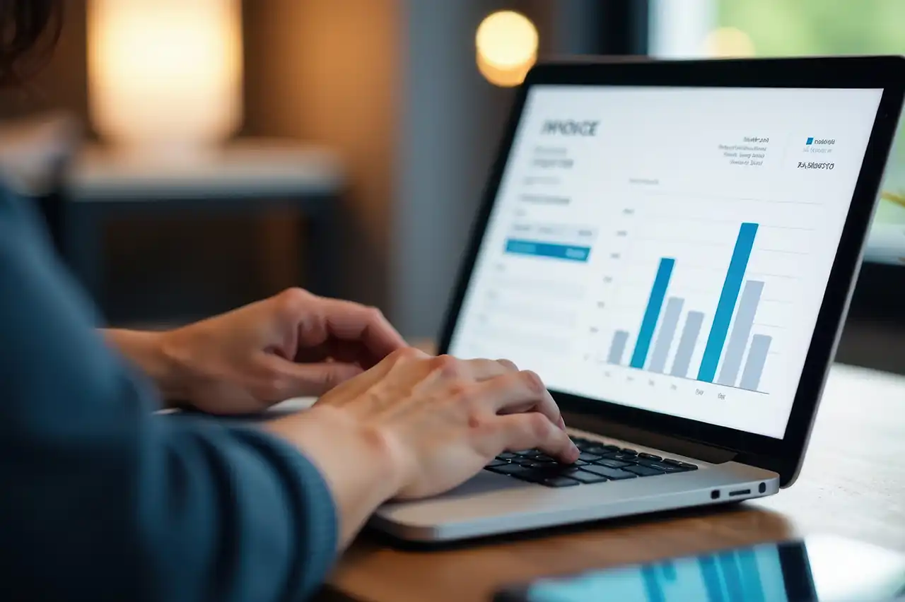 Invoice dashboard and savings chart reviewed on a laptop
