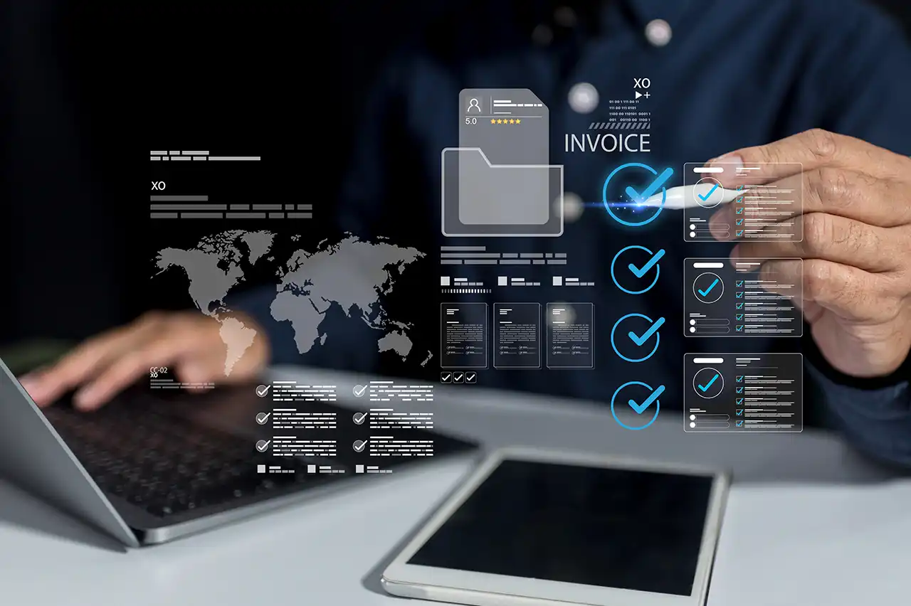 Digital invoice verification checklist with approval checkmarks over a laptop