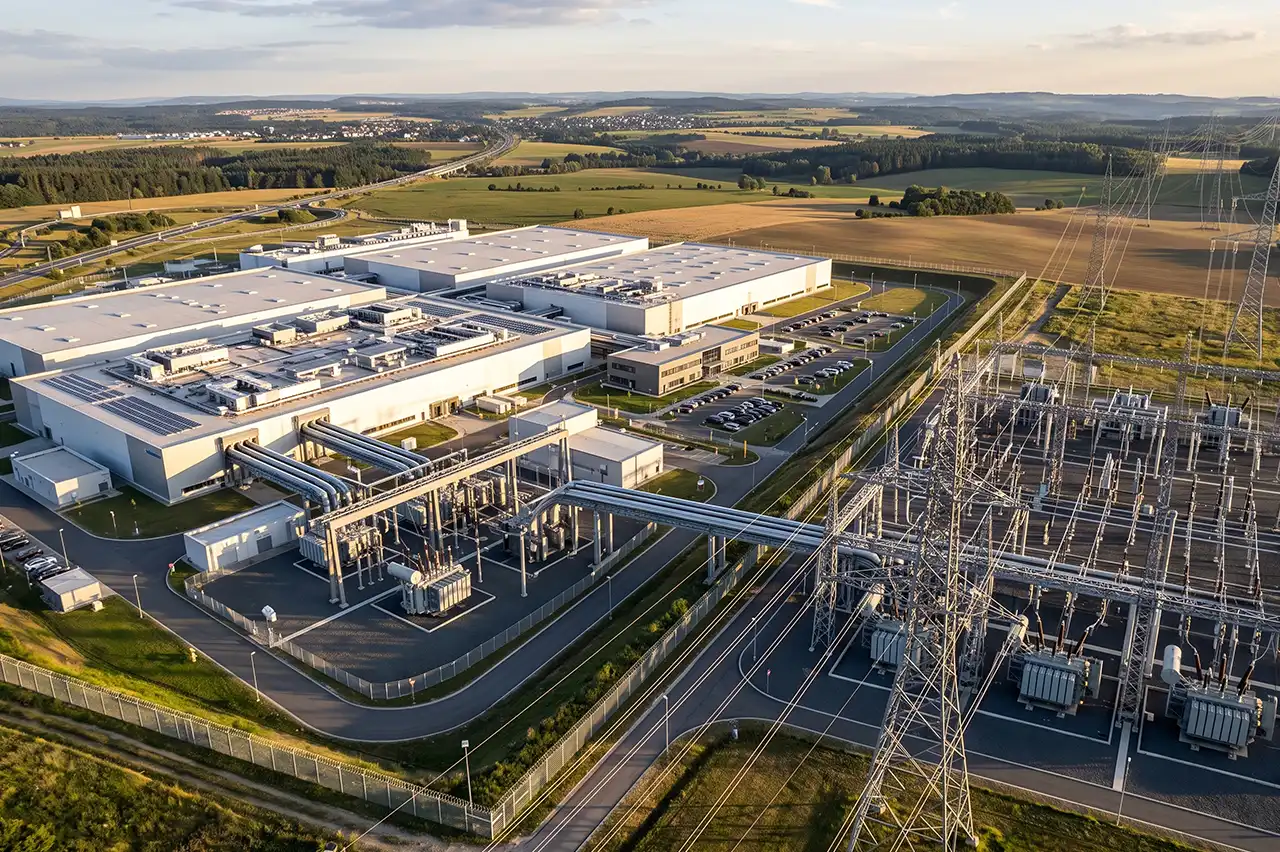 Commercial facility and electric substation connected by transmission infrastructure