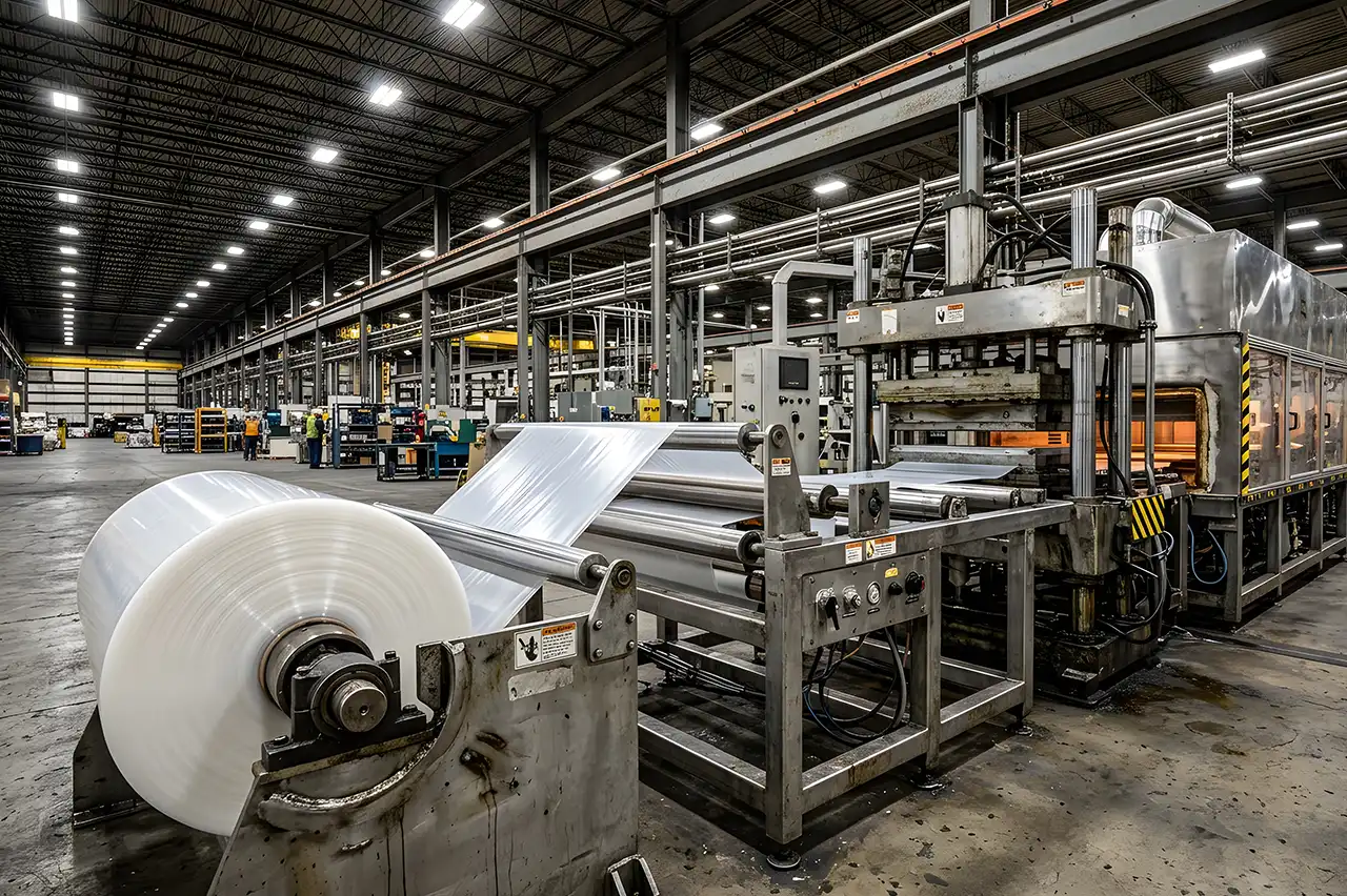 Facility Operations and Electric Billing Accuracy Factory production line with a large material roll, industrial machinery, and overhead lighting